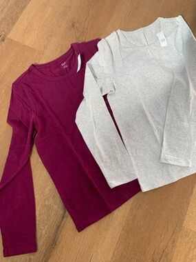 2 GAP Long Sleeve Tops, one grey and one berry color, both size L